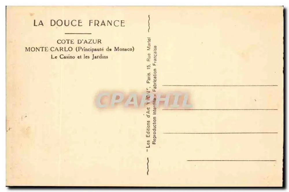 Das Casino von Monte-Carlo — Monte-Carlo (Fürstentum Monaco) — Les Éditions d'Art Y. Ve. N°, Paris - Rückseite