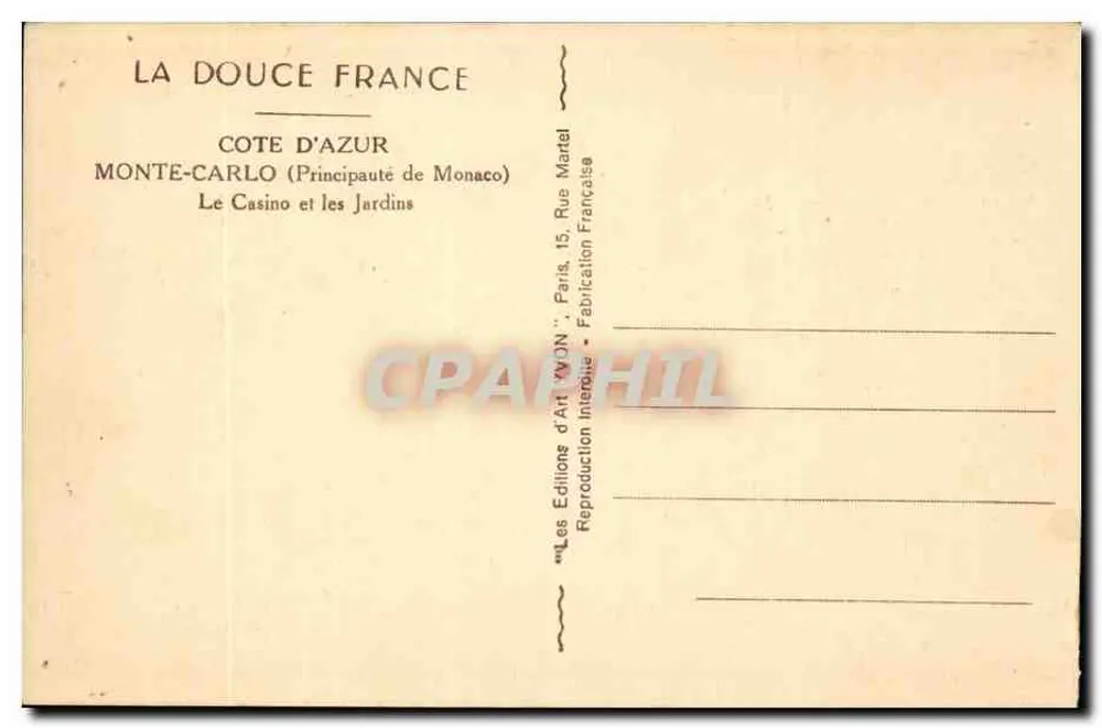 Monte-Carlo — Ansicht des Casinos und der Gärten — Éditions d'Art Martel - Rückseite