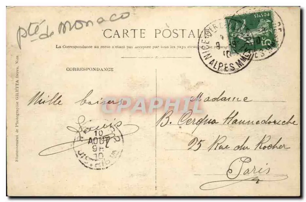 Monte-Carlo — Allgemeiner Blick von Beausoleil — Verleger Giletta, Nice, Nr. 771 - Rückseite