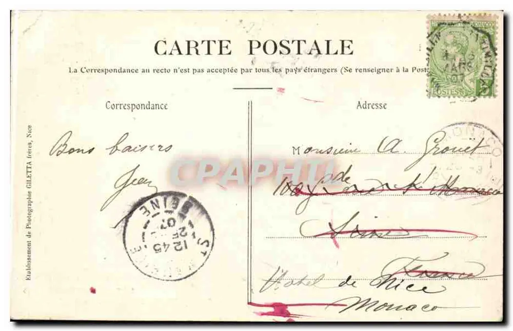 Ansicht vom Boulevard du Nord — Monte-Carlo — Edition Giletta, Nice, n° 842 - Rückseite