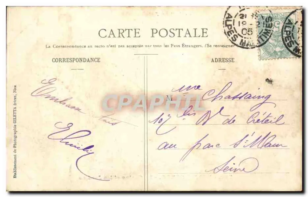 Monte-Carlo — Das Casino und die Gärten — Édition Giletta, phot., Nice, n° 720 - Rückseite