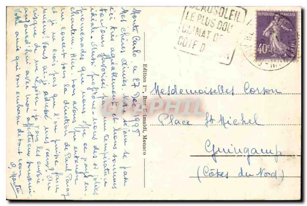 Monte-Carlo - Die Gärten des Casinos - Kleine Afrika — Erste Ausgabe, Rue Grimaldi - Rückseite
