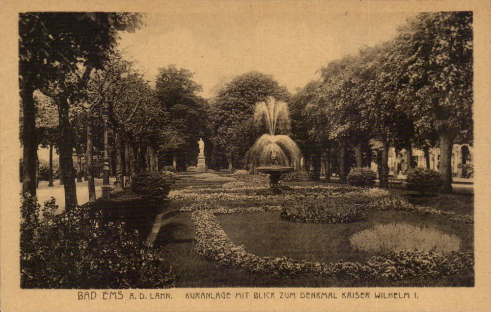 Bad Ems a.d. Lahn — Thermalgarten mit Blick zum Denkmal Kaiser Wilhelm I. — éditeur s845 Lahn, Leipzig - Vorderseite