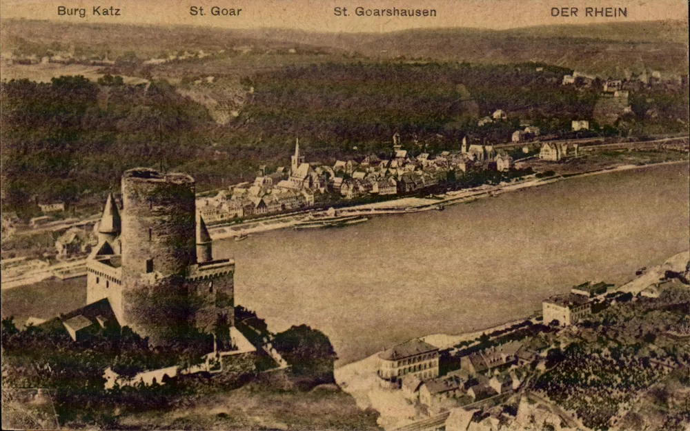 Burg Katz — Panoramablick auf den Rhein bei St. Goar und St. Goarshausen — unbekannter Verlag - Vorderseite