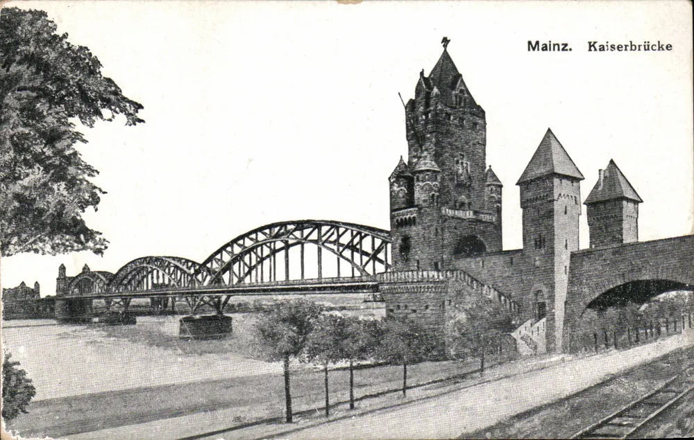 Mainz. Kaiserbrücke — Ponte metálica e torre histórica — No. 6, série C. S. 1919 - Frente