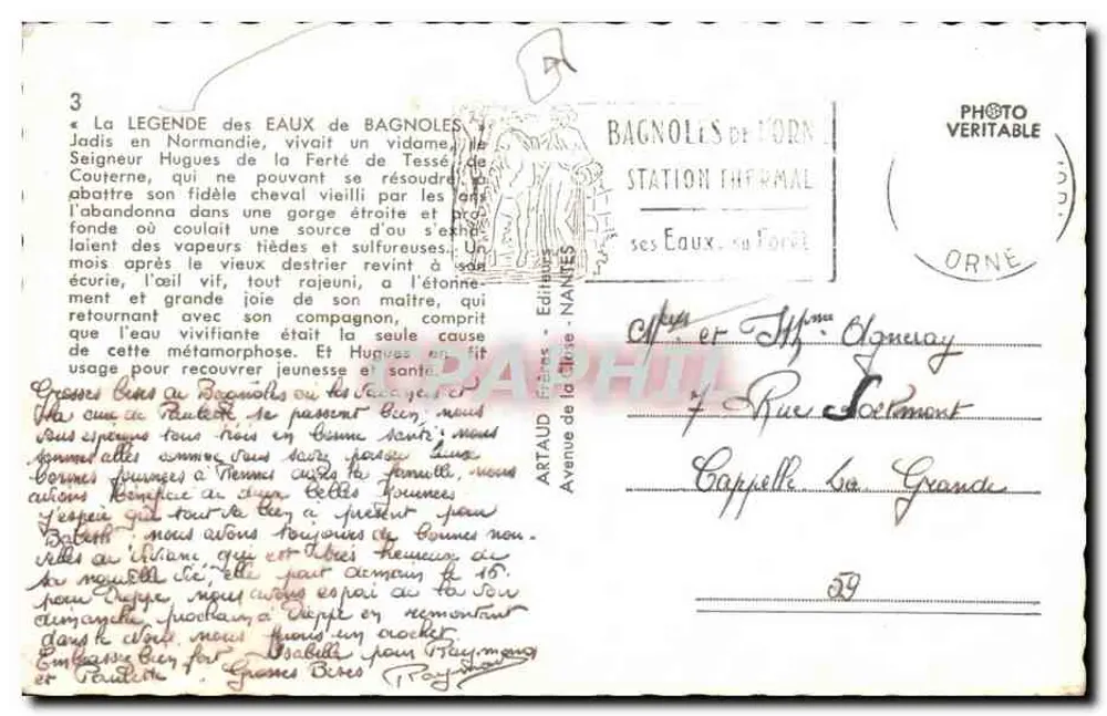 Bagnolles-de-l'Orne — Vista general de los principales establecimientos termales y turísticos — Editor: Artaud Frères, Nantes - Reverso