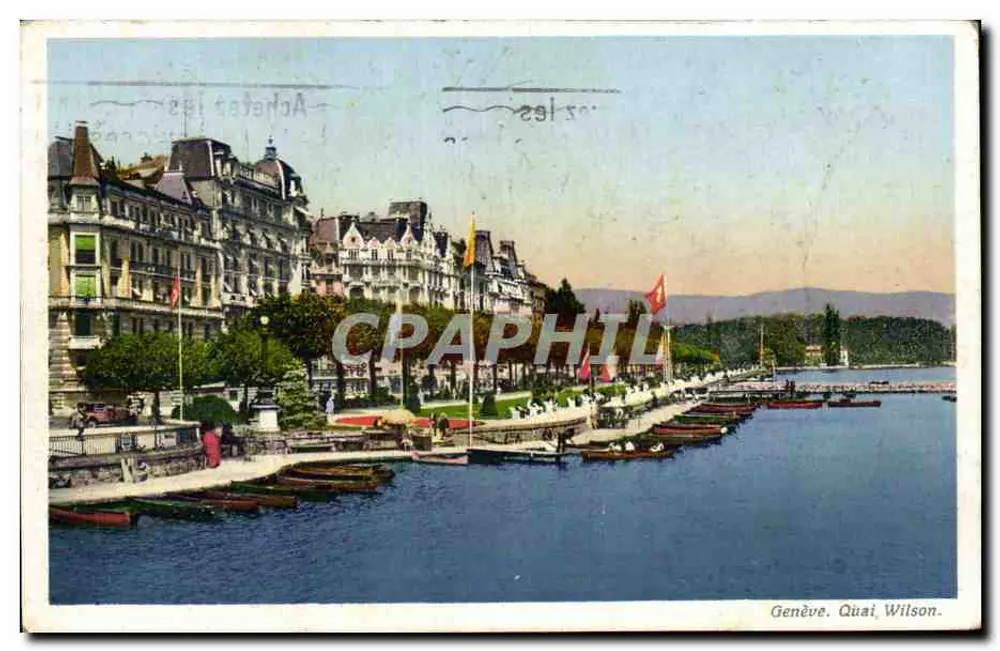 Genf. Quai Wilson — Blick auf den See und Gebäude — Edition Paul Lébet, Nr. 3 - Vorderseite