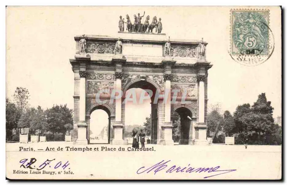 Paris — Arco do Triunfo e Praça do Carrousel — Edição Louis Burgy, n° 5052 - Frente