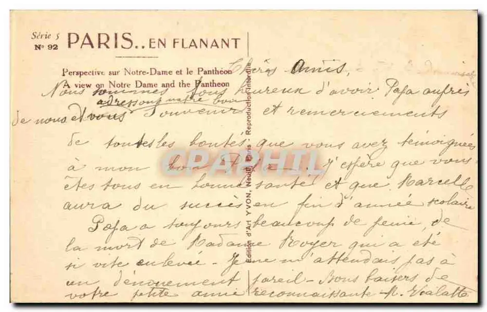 Paris. Spaziergang — Perspektive auf Notre-Dame und den Panthéon — Kunstausgabe YVON, Paris, Nr. 92 - Rückseite
