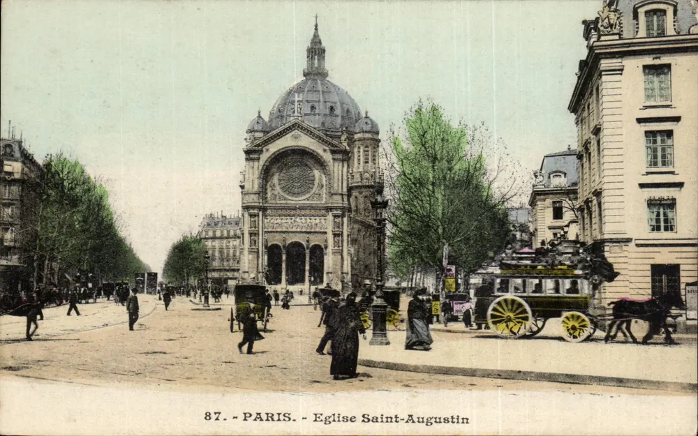 Paris - Igreja de São Agostinho — vista da fachada com carruagens a cavalo e pedestres — série 87 - Frente
