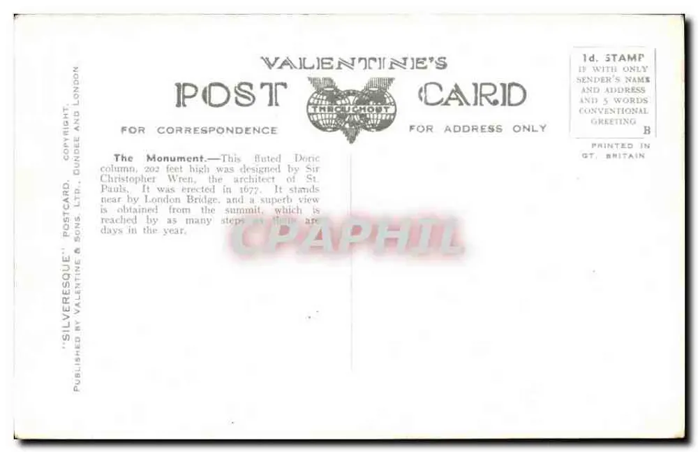 O Monumento, Londres — editor Valentine's Postcard, n° 7334 - Verso