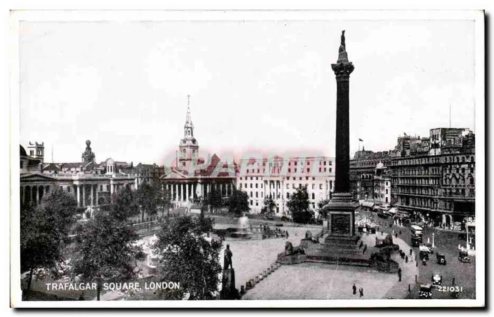 Trafalgar Square, Londres — vista do monumento de Nelson e dos edifícios circundantes — Silveresque Postcard Ltd, n°221031 - Frente