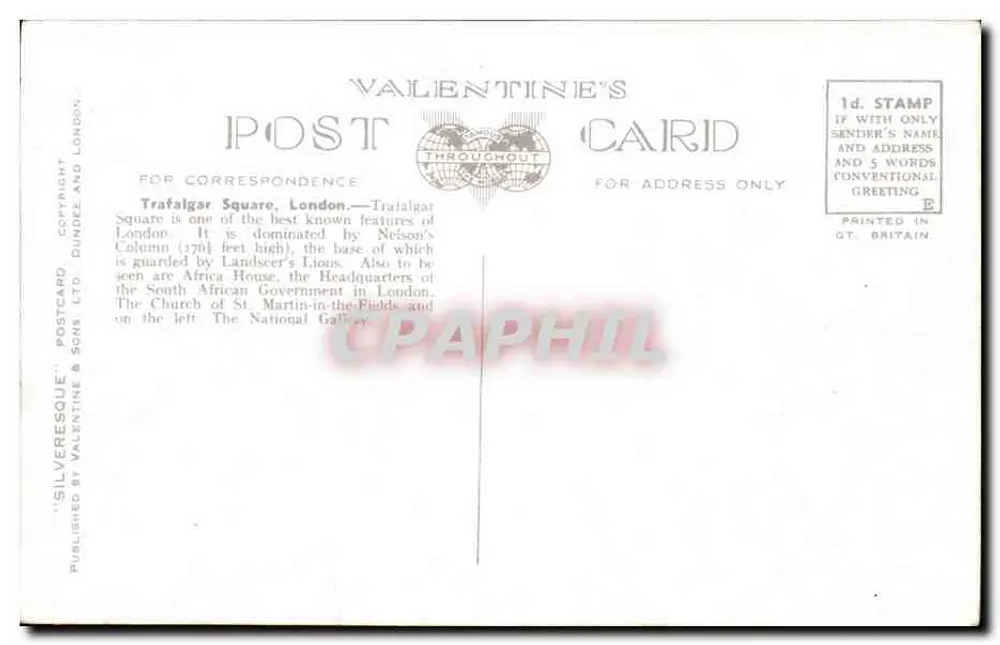 Trafalgar Square, Londres — vista do monumento de Nelson e dos edifícios circundantes — Silveresque Postcard Ltd, n°221031 - Verso