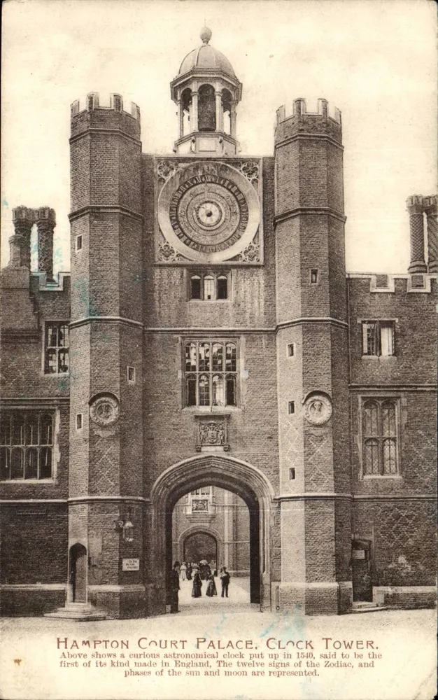 Pałac Hampton Court. Wieża zegarowa — pierwszy astronomiczny zegar Anglii, 1540 — seria Morland - Awers