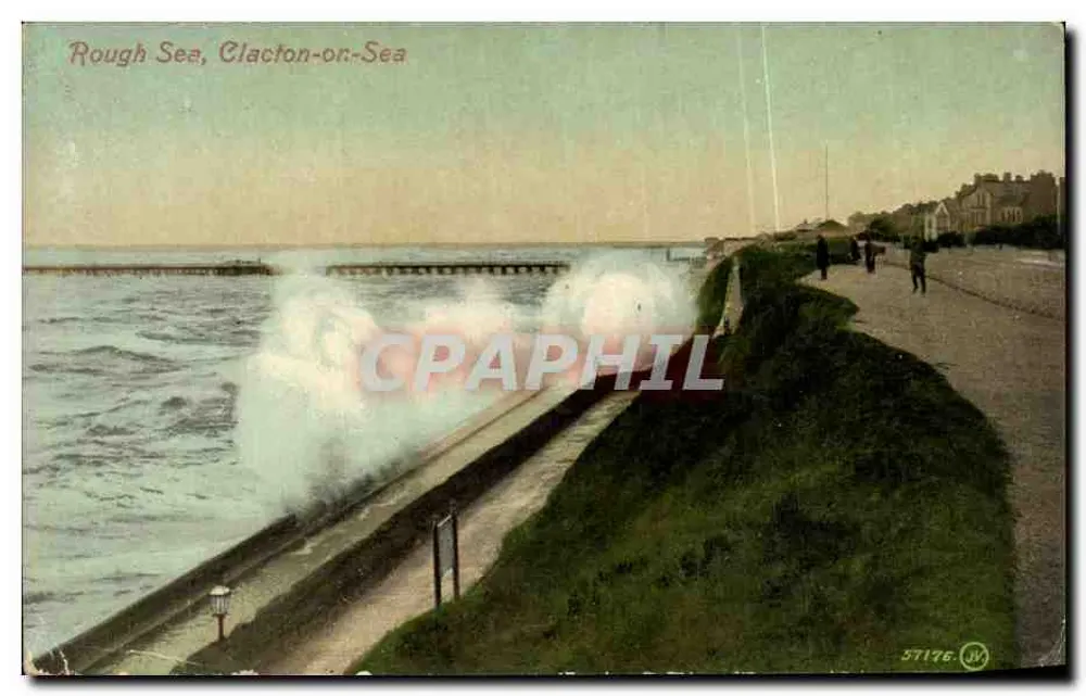 Rough Sea, Clacton-on-Sea — Blick auf das rauhe Meer mit Wellen, die gegen einen Hafenbrücke brechen — Verlag JV, n° 57176 - Vorderseite