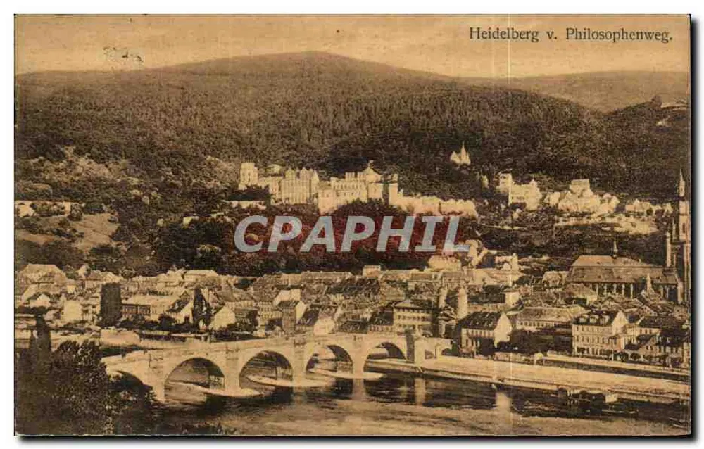 Heidelberg von Philosophenweg — Panoramablick mit Schloss und Brücke — Verlag unbekannt, Seriennummer nicht sichtbar - Vorderseite