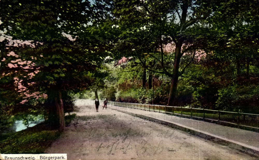 Braunschweig. Bürgerpark — Ansicht eines von Bäumen gesäumten Weges mit zwei Spaziergängern — Verlag W.S.E. - Vorderseite