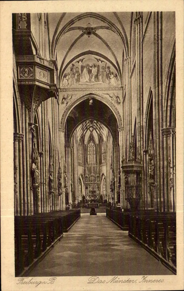 Innenansicht des Münsters von Freiburg — Blick auf die Kirche — Verlag Hartmann, Mannheim, Nr. 207 - Vorderseite