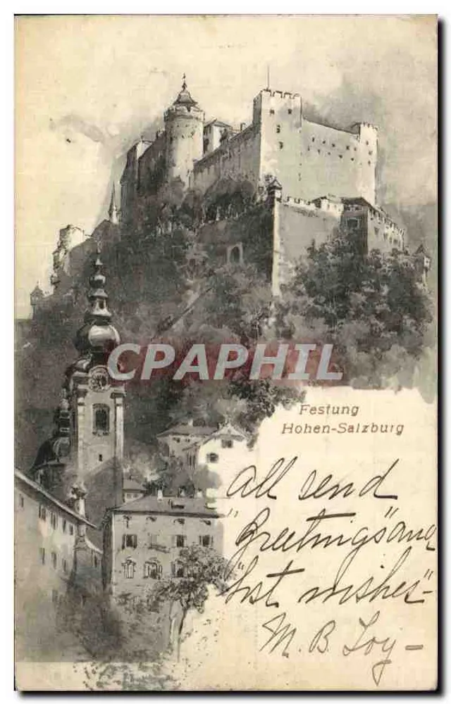Festung Hohen-Salzburg — Ansicht des Schlosses auf einem Hügel — unbekannter Verleger - Vorderseite
