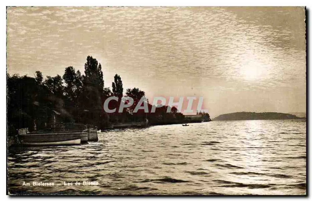 See Bienne — Ansicht des Sees mit Boot und Sonne — Photoglob-Weheli & Vengs & Co. n°4651 - Vorderseite