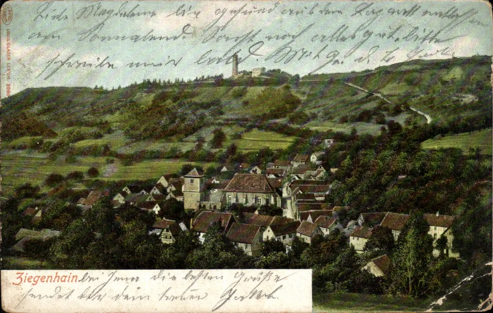 Ziegenhain — Panoramablick auf das Dorf und das Schloss auf dem Hügel — Verlag: G. Glaser, Leipzig, Nr. 9066 - Vorderseite