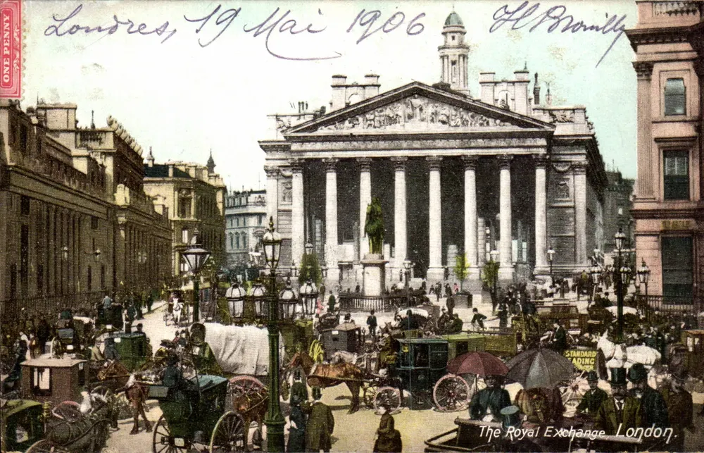 The Royal Exchange, London — Blick auf die belebte Straße — Verleger Standard Trading, Seriennummer nicht sichtbar - Vorderseite