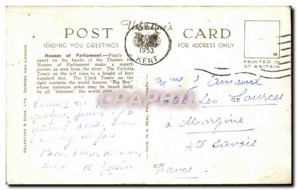 Häuser des Parlaments, London — Ansicht von der Themse — Valentine & Sons, Ltd., Dundee und London, n° 98998 - Rückseite