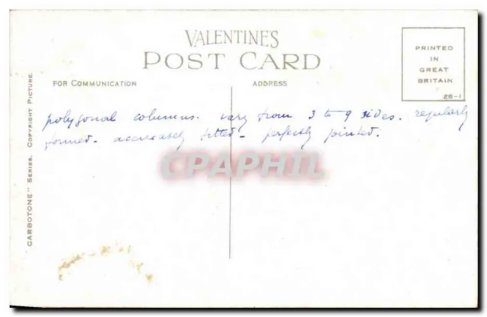 Giant's Causeway — Lord Antrims Parlour — Valentine's Post Card, Serie Carbotone - Rückseite