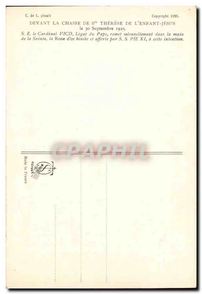 Vor der Chasse von Sainte Thérèse de l'Enfant-Jésus — Gemälde von C. de L. — Copyright 1925 - Rückseite
