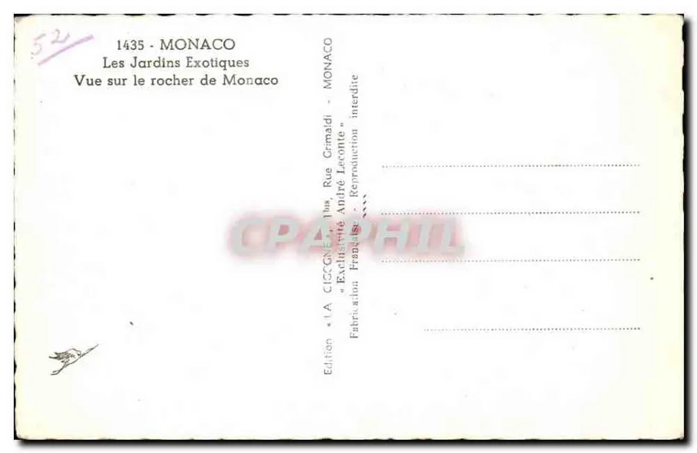 Die exotischen Gärten — Ansicht des Felsens von Monaco — Ausgabe LA CIGOGNE - Rückseite