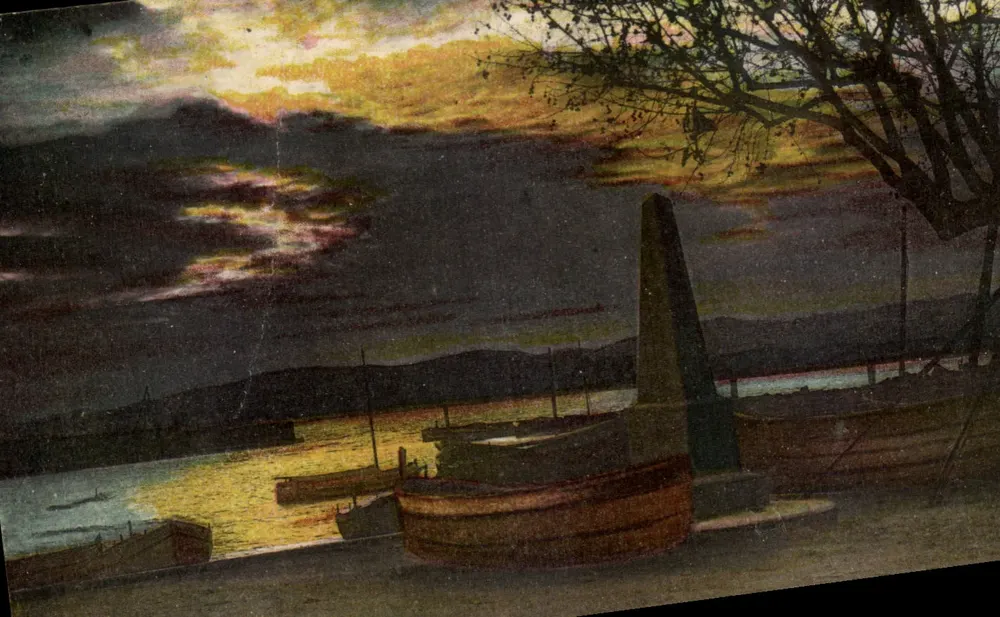 Pôr do sol sobre um porto — com um farol — editor Lévy et Neurdein, Paris - Frente