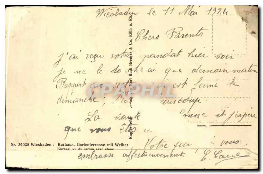 Wiesbaden, Kurhaus, Gartenterrasse mit Weiher — Verlag Rupprecht & Co. n° 34020 - Rückseite