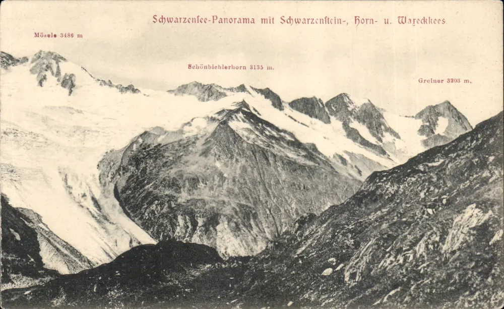 Panorama des Schwarzensees mit den Gipfeln von Mösele, Schönbielhorn, Schwarzenstein, Horn und Wajeckkees — Verlag unbekannt - Vorderseite
