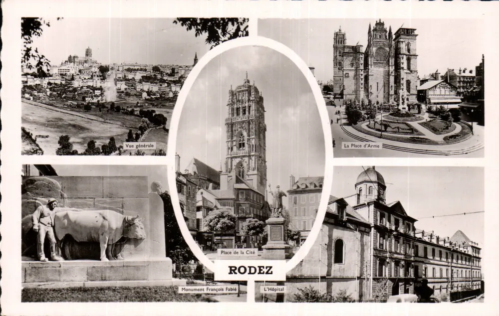 Rodez — Vista geral, Place de la Cité, Place d'Arme, Monument François Fabié, L'Hôpital — Edições ARTAUD irmãos e filhos, Nantes - Frente