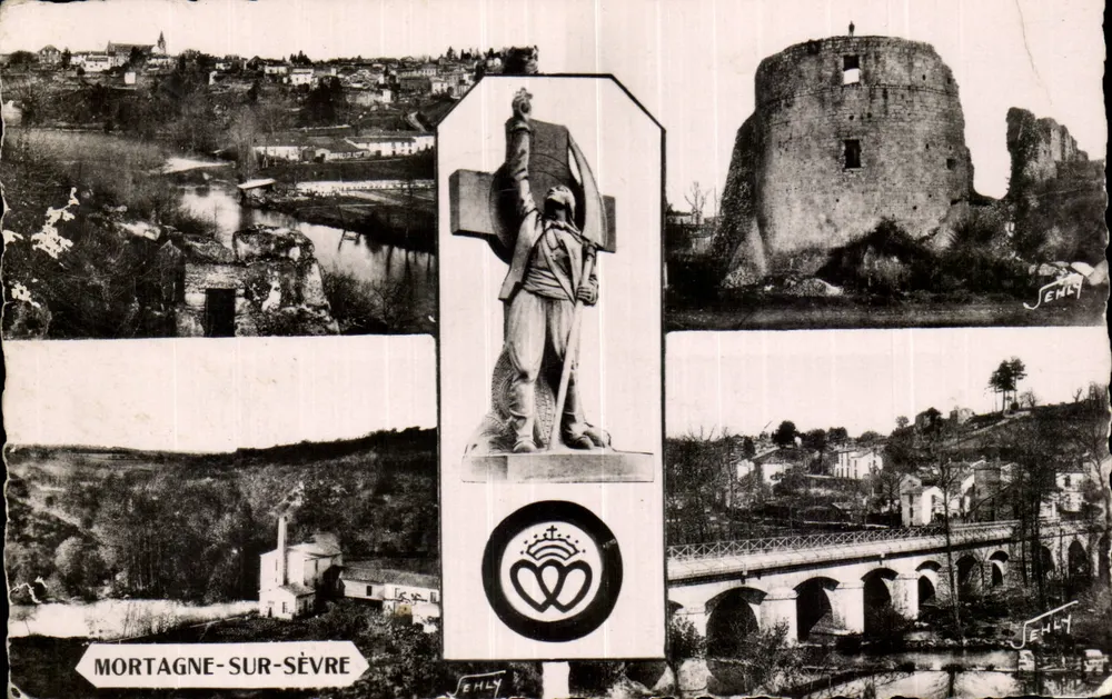 Mortagne-sur-Sèvre — Panoramablick mit Schloss, Statue, Brücke und Fluss — Editions Jehly-Poucain - Vorderseite