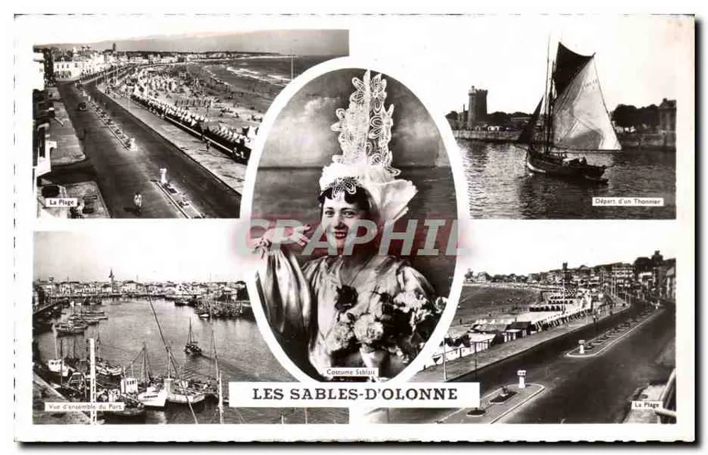 Les Sables-d'Olonne — Visão geral do porto, praia, saída de thonner, traje siblail — Edições Gaby - Frente