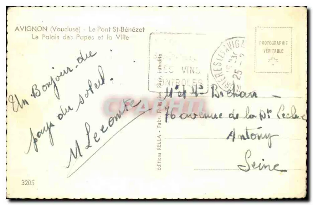 Avignon (Vaucluse) — Die Brücke Saint-Bénézet und das Palast der Päpste — Editions Rella, n°3205 - Rückseite