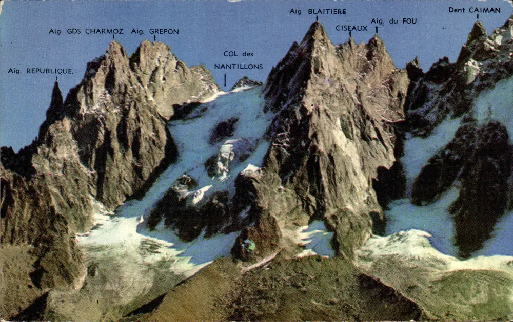 Aiguilles de Chamonix — Grand Charmoz - Grépon - Blaïtière - Ciseaux - Fou - Dent Caiman — Edições G. Rossat-Mignon - Frente