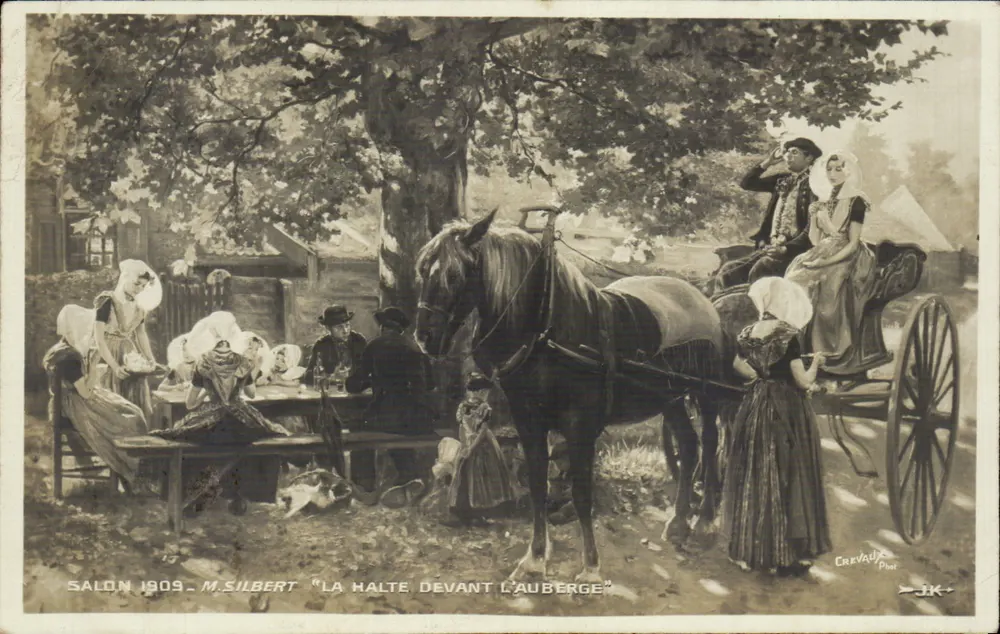 Die Halte vor der Auberge — Salon 1909 — M. Silbert — Verlag Crevaux, Nr. 17 - Vorderseite