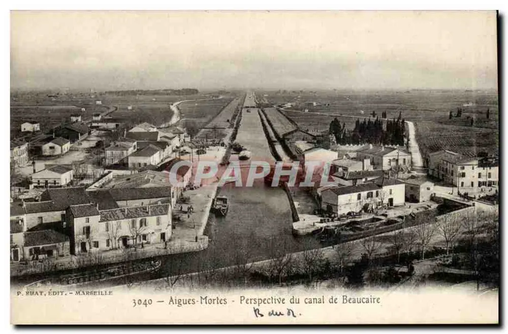 Aigues-Mortes — Perspectiva do canal de Beaucaire — P. EuaT, Edição — Marseille, n° 3040 - Frente