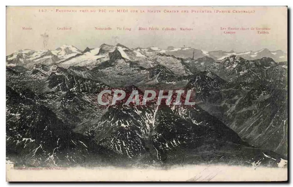 Panorama vom Pic du Midi über die Hochkette der Pyrenäen (Zentralteil) — Verlag: C. Lefebvre, Paris-Toulouse — Seriennummer 143 - Vorderseite