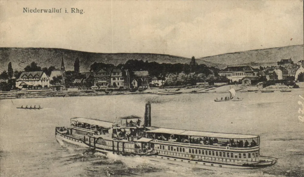 Niederwalluf i. Rhg. — uitzicht op de Rijn met een stoomboot — uitgever: Fotografie a. Verlag von R. Hahleth, Solingen - Voorkant