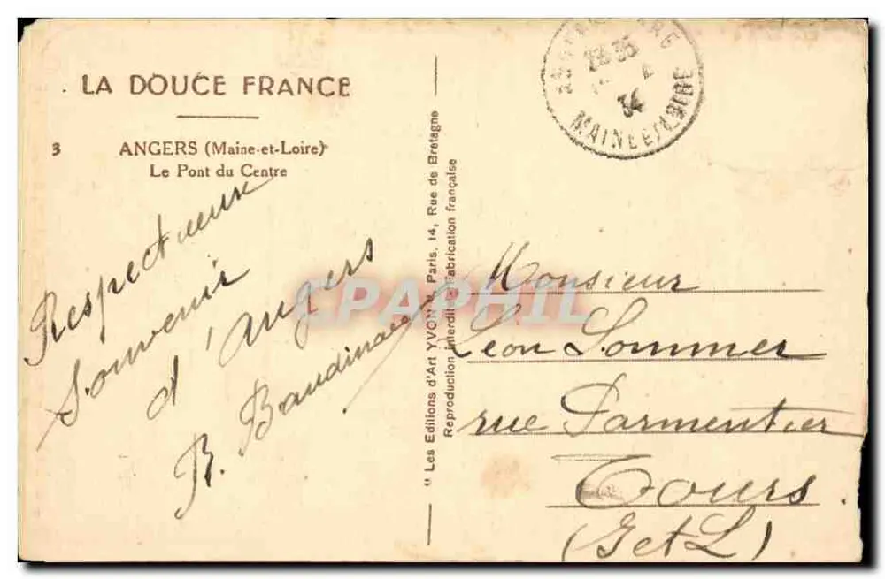 Angers — O Pont do Centro — Les Éditions d'Art Yvon, Paris - Verso