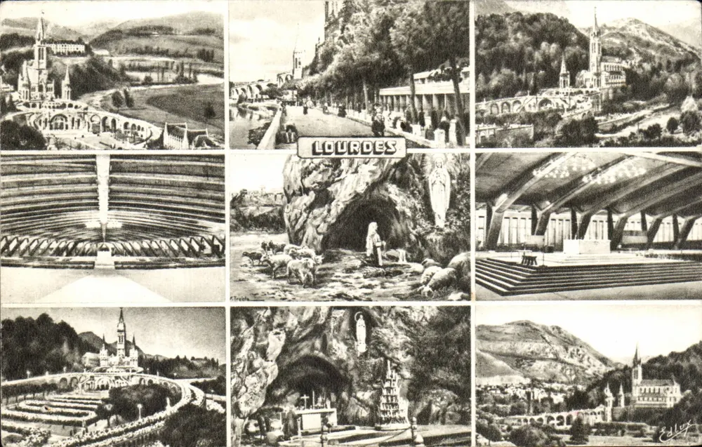 Lourdes — Vista panorâmica e locais sagrados — Edição P. Douet, 8, Place Peyrounelle, Lourdes - Frente