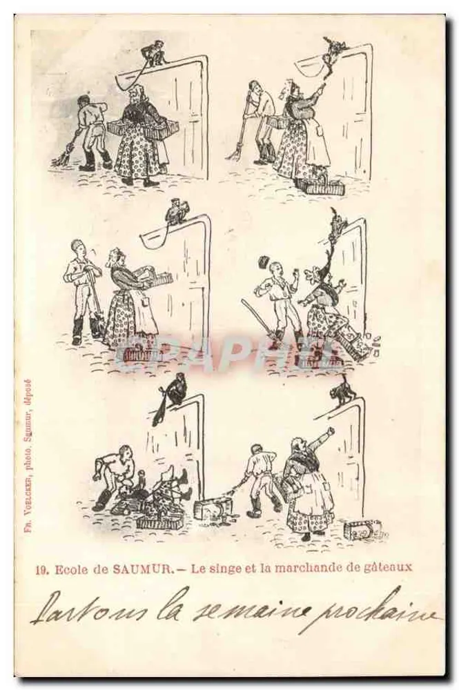 Schule in SAUMUR — Der Affe und der Kuchenverkäufer — Fr. Vercanen, Foto. Saumur, abgegeben - Vorderseite