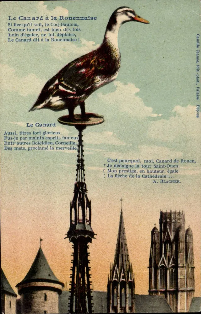 Anatra alla Rouennaise — poema satirico sulla cattedrale — Camille Jeanne, editore-fotografo, Falaise - Recto