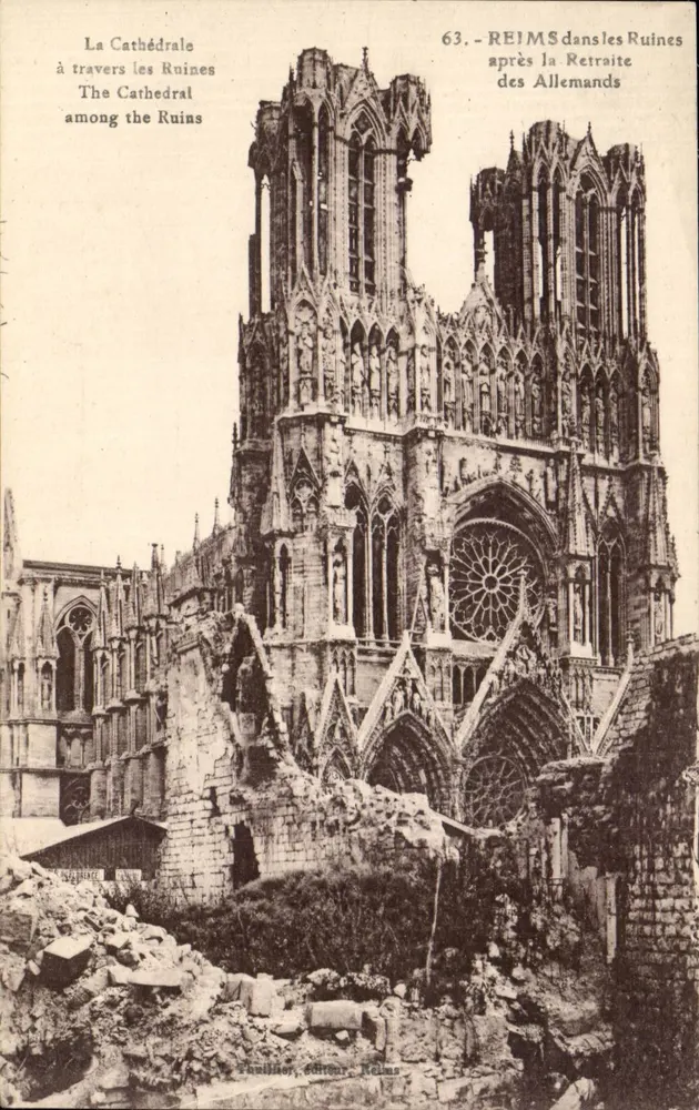 Reims — Kathedrale in Ruinen nach dem Rückzug der Deutschen — Paulin, Verlag, Reims - Vorderseite