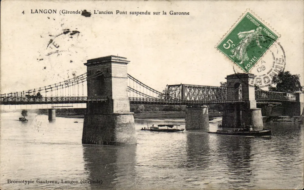 Langon (Gironde) — Der alte Hängebrücke über die Garonne — Bromotypie Gautreau, Langon (Gironde) - Vorderseite