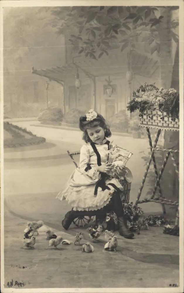 Kleine Mädchen mit Küken — Garten-Szene — A.N. PARIS - Vorderseite