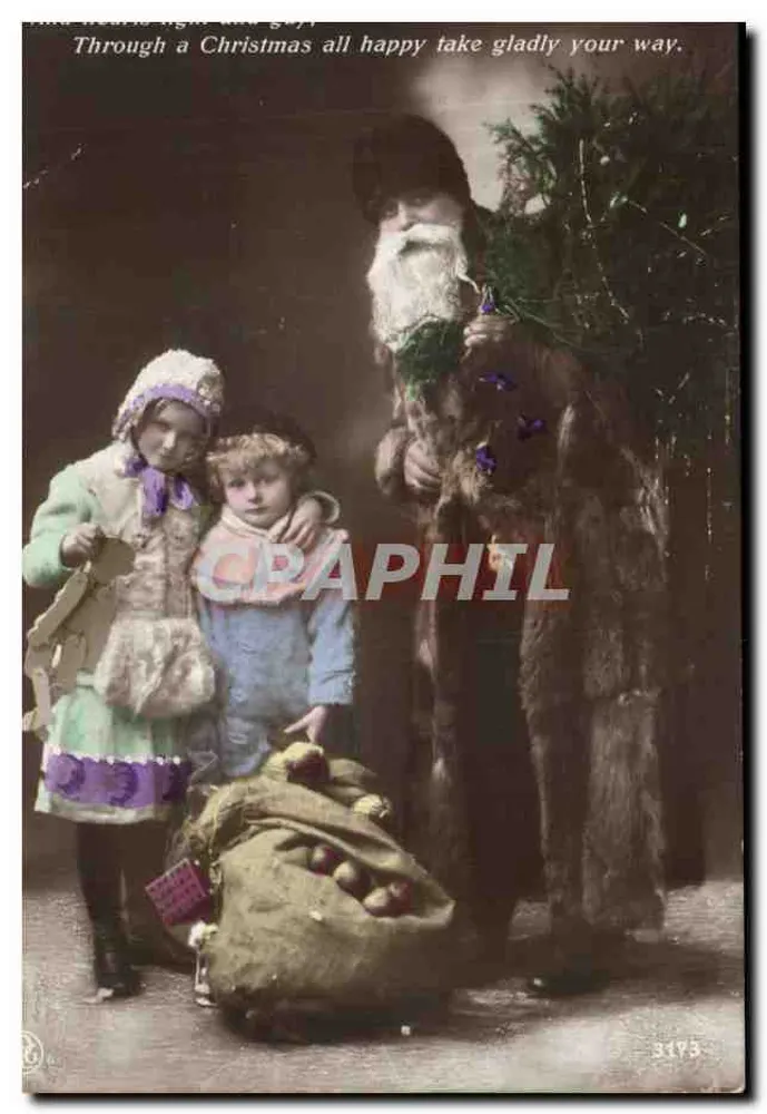 Weihnachtsmann und zwei Kinder — WeihnachtsSzene mit Geschenksack — E.J. Hey & Co., London, Nr. 3173 - Vorderseite